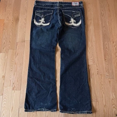 Laguna Beach Jean Co Dark Blue Flare Jeans Embroidered Skull Button USA 42x36 - Image 1 of 4