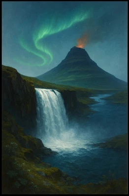 Icelandic Waterfall Under Aurora Borealis National Park Poster - Image 1 of 4