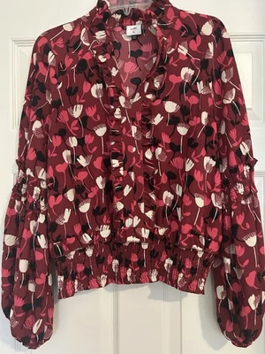 Blusa CABI Amapola Floral Talla M Volantes Cuello Dividido Mangas Globo Ruche Cintura Boho Foto 1 de 4