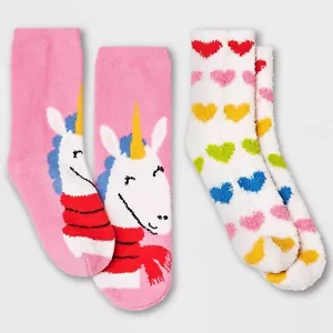 Girl's XS/S (11-1) 2pk Unicorn Hearts Cozy Crew Socks Pink Valentine's Holiday - Picture 1 of 3
