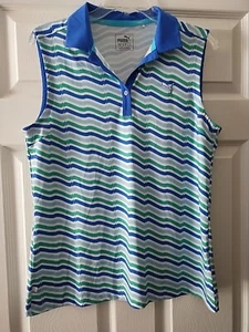 PUMA Golf Polo Shirt Womens Size L Sleeveless Dry Cell White Blue Green Stripes - Picture 1 of 8