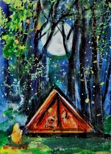 ORIGINAL ACEO Painting CAMPING Summer Tree Fireflies Night Stars Fun ATC ART - Picture 1 of 1