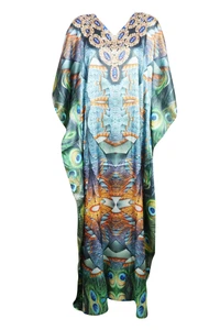 Boho Maxi Kaftan Dress Jewelled Print V Neck Blue Rhinestone Evening Caftan 3XL