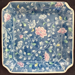 Japanese 6" X 6" Square Blue Pink Floral Print Serving Dish Plate Appetizer - Picture 1 of 7