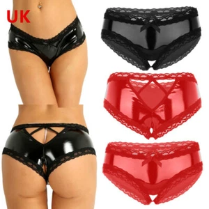UK Womens PVC Leather Panties Ruffled Lace G-string Underwear Solid Color Briefs - Picture 1 of 21