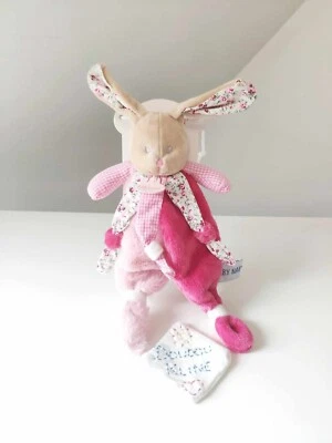 Doudou Plat Poupi Lapin Beige Blanc Rose Framboise Fleurs Attache Tétine Babynat - Photo 1/4