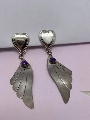 Pendientes colgantes de plata esterlina de piedra púrpura corazón J 925 firmados de colección Foto 1 de 4