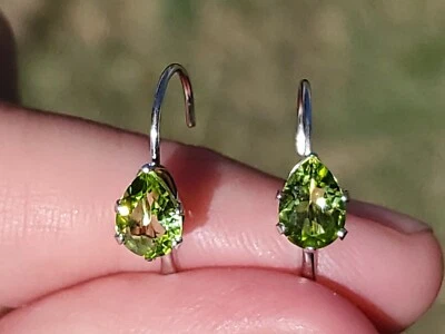 Peridot Labcreated Pear Cut Dangle Leverback Earrings 14kt Solid White Gold  - Image 1 of 4