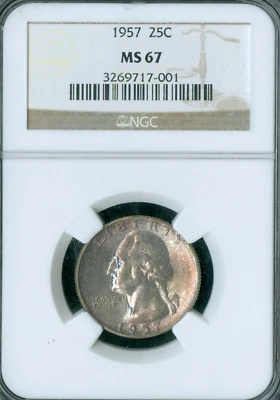 1957 WASHINGTON QUARTER NGC MS67 PQ RAINBOW . - Image 1 of 2