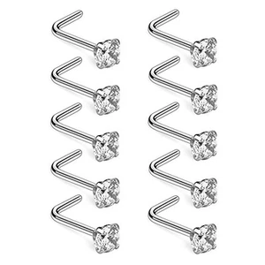 18G 10PCS 316L Stainless Steel Stud Nose Ring Nostril Piercing Crystal CZ Stud - Picture 1 of 3