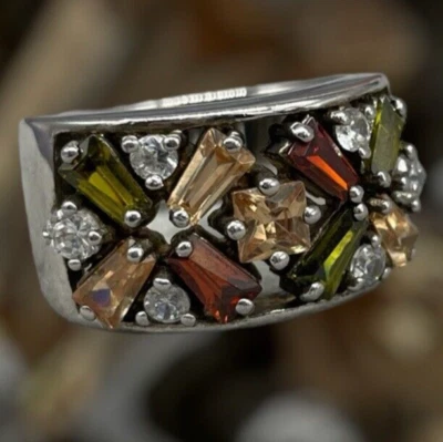 Anello donna Argento 925 Fascia di pietre luminose multicolore quadrate rotonde. - Immagine 1 di 4