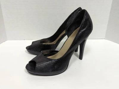 Nine West Sz 7.5 M Faux Leather Reptile Print  4" High Heel Open Toe Black  - Image 1 of 4