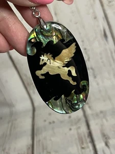 Vintage Abalone Shell Resin Dipped Pegasus Flying Horse Necklace Pendant - Picture 1 of 5