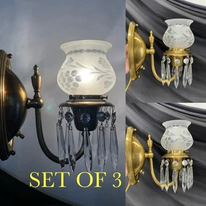 Juego 3 Apliques de Pared de Cristal Antiguos RESTAURADOS De Colección Victoriano Art Deco Par de Latón +1 - Imagen 1 de 24