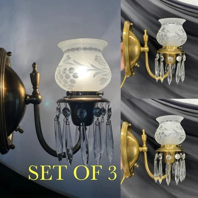 Conjunto 3 Arandelas de Parede de Cristal Antigas RESTAURADAS Vitorianas Art Deco Par de Latão +1 - Imagem 1 de 4