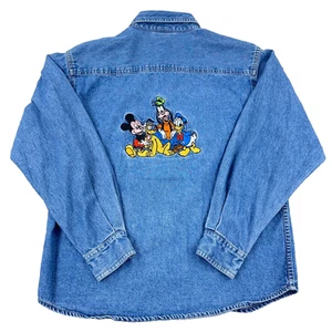 Vintage Disney Shirt Boys XL Blue Denim Jean Embroidered Y2K Micky Mouse Youth - Picture 1 of 17