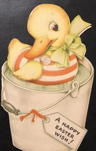 Vtg Easter Greeting Card Adorable Duckling Swimming In Little Bucket Easter Wish - Bild 1 von 3
