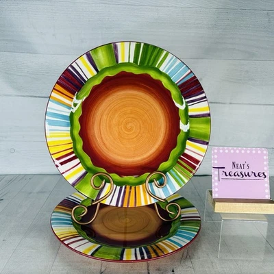 Noble Excellence MUY CALIENTE Colorful Rim Stripe Earthenware Dinner Plate Set 2 - Image 1 of 4