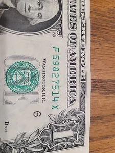 F 59827514 X. $1 FRN Fancy X Series Note Serial Number. - Picture 1 of 3