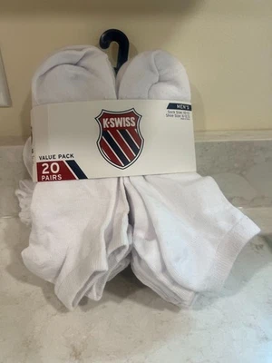 K SWISS MEN'S LOW CUT LARGE ATHLETIC WHITE SOCKS LOT SIZE 6-12.5 20 PAIRS K-NIT - Image 1 of 4
