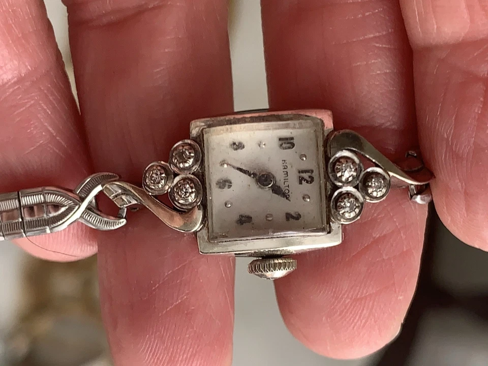 Hamilton 10K твердого белого золота 3 крошечные бриллианты BIGGS женские часы работает хорошо  - Изображение 1 из 4