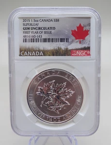 2015 1.5oz Canada S$8 Superleaf Gem First Year Of Issue Uncirculated NGC - Picture 1 of 4