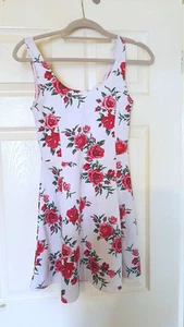 White floral mini skater dress Size 8/S Sleeveless flared rose pattern summer - Picture 1 of 7