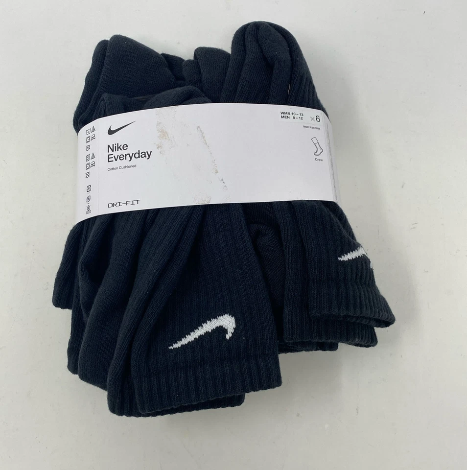 Nike Everyday Cushioned Training Crew Socks 6PK Sm SX7666-010 Black WMN 4-6
