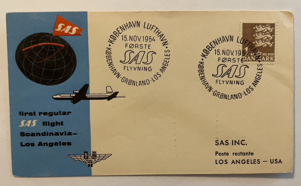 COPENHAGUE 1954 PRIMER VUELO REGULAR SAS AEROLÍNEAS ESCANDINAVAS A LOS ÁNGELES Foto 1 de 3