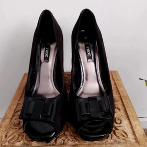 Next Stylish And On Trend Black Suede Peep Toe Shoe With PVC Bow. Size UK 6 EU39 - Picture 1 of 8