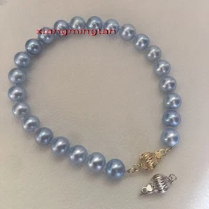 AAAAA 7.5"9-10mm Natural real round south sea blue gray pearl bracelet 14K gold - Picture 1 of 6