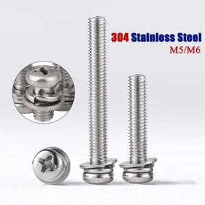 304 Phillips Pan Head Machine Screws With Washer Round Head Bolts Set M5/M6 - Picture 1 of 47