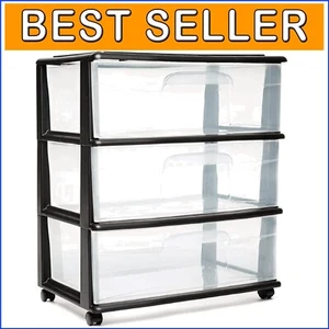 Compact Plastic Storage Organizer with 3 Clear Drawers on Wheels - Black Frame - Picture 1 of 11