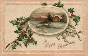 Winter Scenic View At Sunset On River Holly and Snow Christmas Postcard - Picture 1 of 2