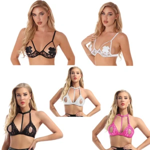 Womens Floral Lace Bra Top Wire-Free Unlined Push Up Open Tip Triangle Bralette - Picture 1 of 66
