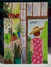 Aceo Original Art Painting Greenhouse Woman Hat Plants Flowers Girl OOAK ATC 