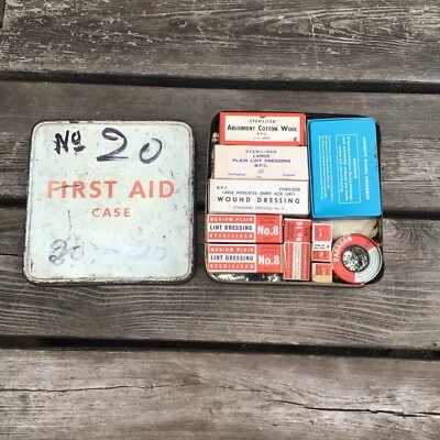 Old Vintage Well Worn 1970s First Aid Tin Storage Box With Contents - Image 1 of 4