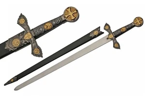 Gold Knights Templar Sword 33" Stainless Steel Blade Gold Cast Metal Handle - Picture 1 of 4