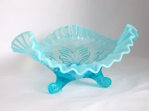 Plato de tazón de vidrio de 3 patas moldeado azul turquesa de colección - Imagen 1 de 8