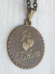 Collar francés I LOVE YOU Je T'aime, enchapado en bronce envejecido, colgante regalo mujer - Imagen 1 de 7