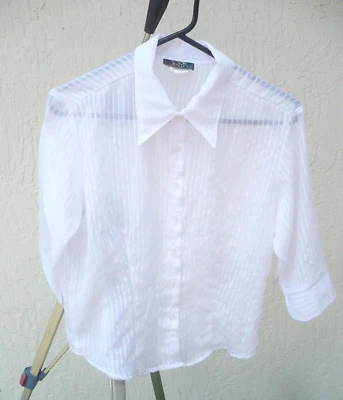 VTG EYE CANDY L SHEER WHITE ON WHITE STRIPED POINT COLLAR BUTTON UP SHIRT BLOUSE - Image 1 of 4