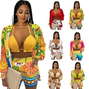 3 Piece Swimsuit for Women Floral Tropical Bikini Short Sets Beach Sexy Cover Up - Picture 1 of 32