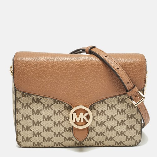 Tracolla Michael Kors beige marrone firmata rivestita in tela e pelle Fulton