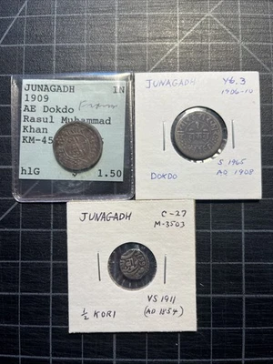 3x India Junagadh Dokdo Kori Cobre + Plata 1908 1911 1909 Foto 1 de 2