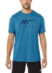 ASICS Stripe Short Sleeve Tee Shirt Training Logo Men's Sz XL Teal Blue - Picture 1 of 4