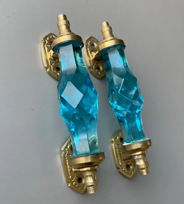 Manija de puerta de vidrio de latón estilo antiguo 5,5"" corte cristal azul aguamarina coleccionable Foto 1 de 4