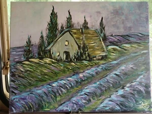 Gemälde a. Keilrahmen 50cm Toskana Provence Lavendel Felder Haus Landschaft Bild - Bild 1 von 3