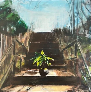 Original acrylic painting wood landscape money plant signed Melora Kaplan 2018 - Picture 1 of 4