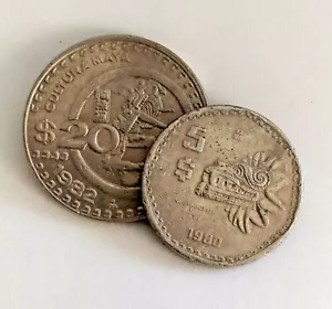 Monedas de Mexico 1980's $20 Pesos Cultura Maya + $5 pesos Quetzalcoatl - Picture 1 of 5