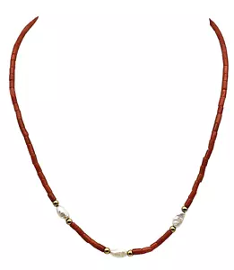VINTAGE Solid 18k Yellow Gold / Coral Beads / Pearls Ladies Necklace - Picture 1 of 3